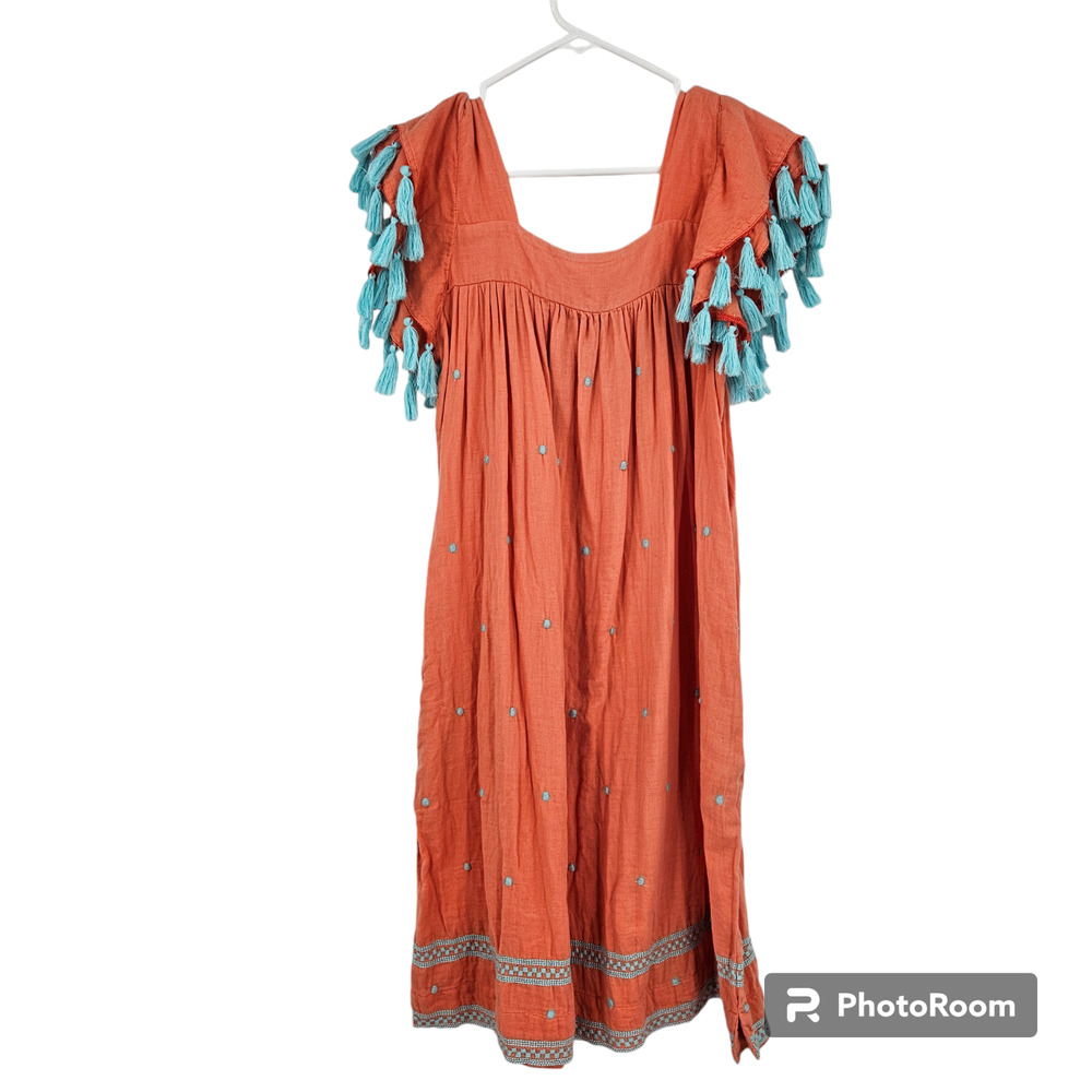 Mer St. Barth Dress Orange Blue Tassel Embroidered Square Neck Crepe Mini Size S
